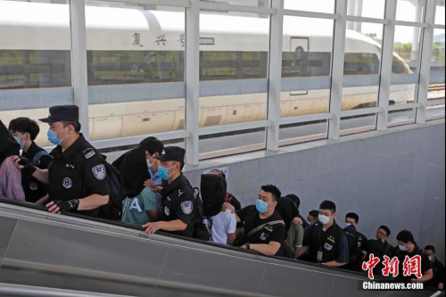 资料图：5月16日，上海黄浦公安民警在广东抓获犯罪嫌疑人并押解回上海。中新社记者 殷立勤 摄